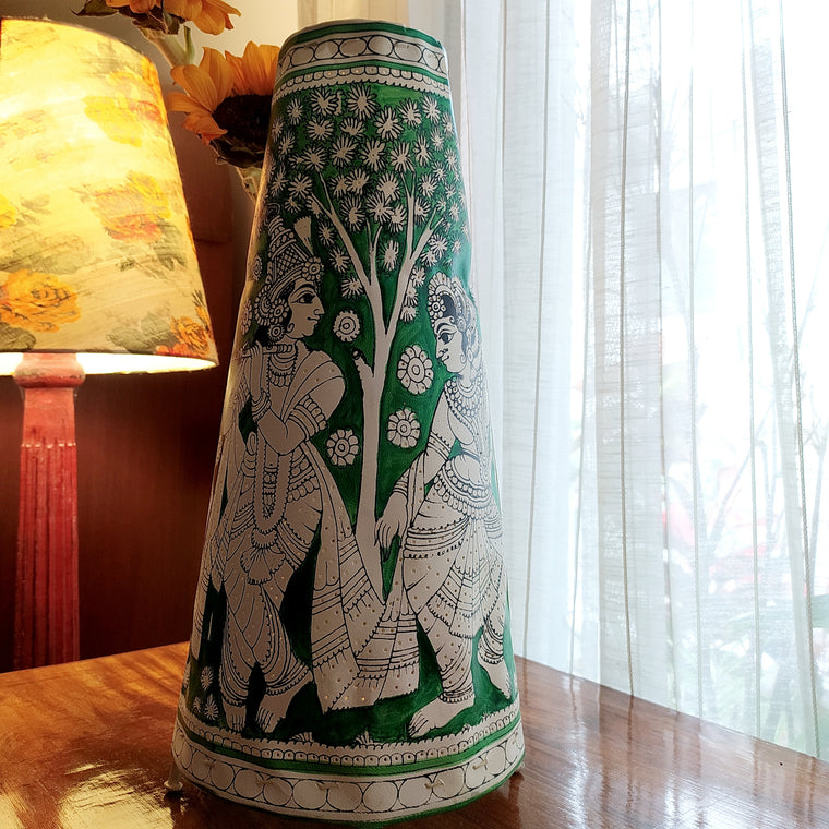 Kalamkari Style Leather Lampshade Depicting Radha Krishna In Colours of Vibrant Green & White. Height 44 cm