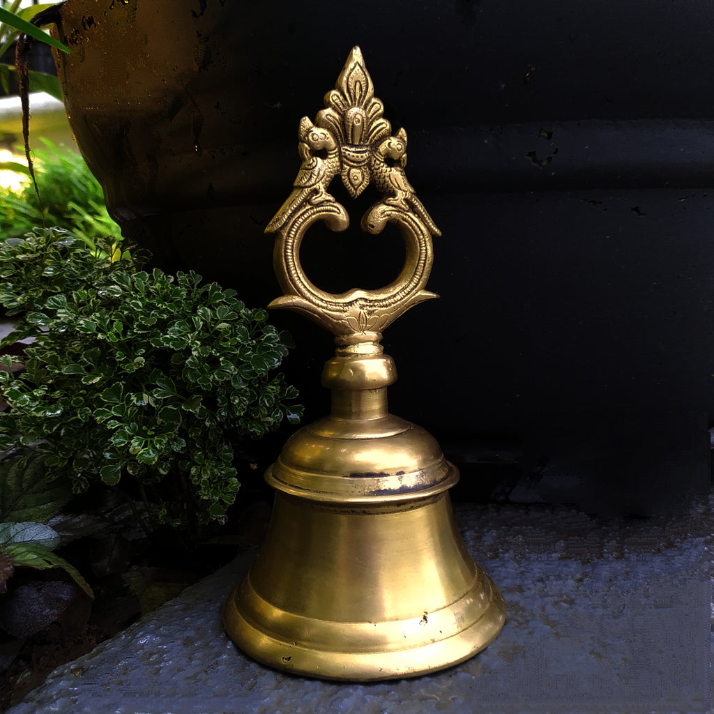 Magnificent Brass Temple Bell With Twin Peacocks. Height 22 cm x Diameter 11 cm