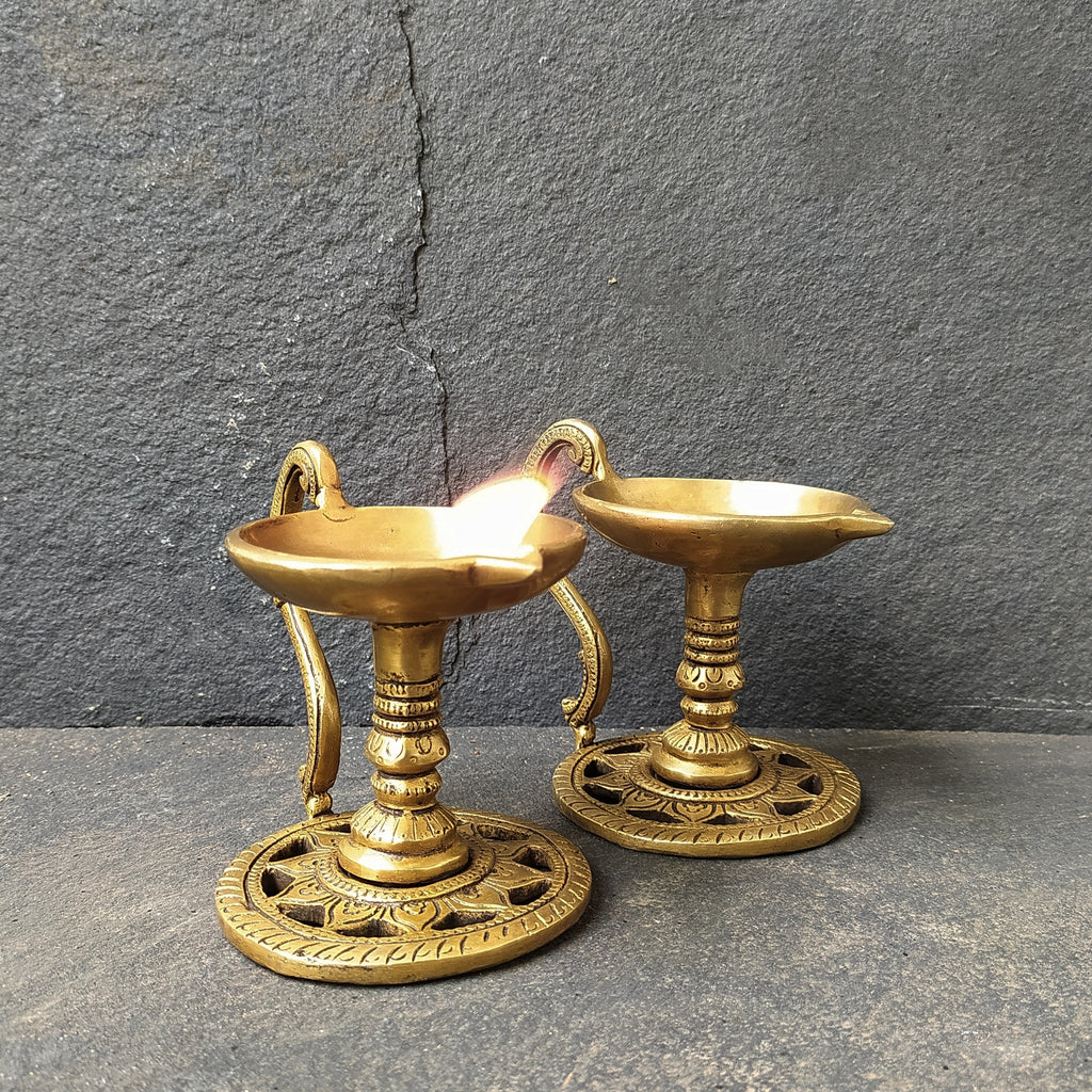 Pair Of Handcrafted Brass Lamps | Diyas  - Length 13.5 cm x Diameter 8.5 cm x Height 10 cm