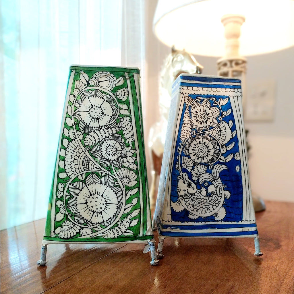 Pair Of Kalamkari Style Leather Lamps In Colours of Vibrant Green & Indigo Blue. Height 24 cm