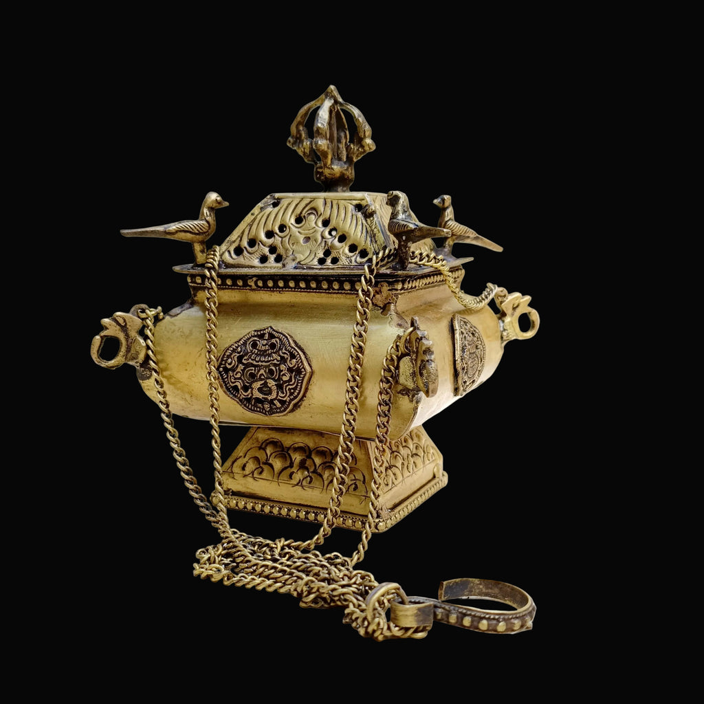 Tibetan Style Copper Incense Burner With Peacocks and Chains - L 42 cm x W 15 cm
