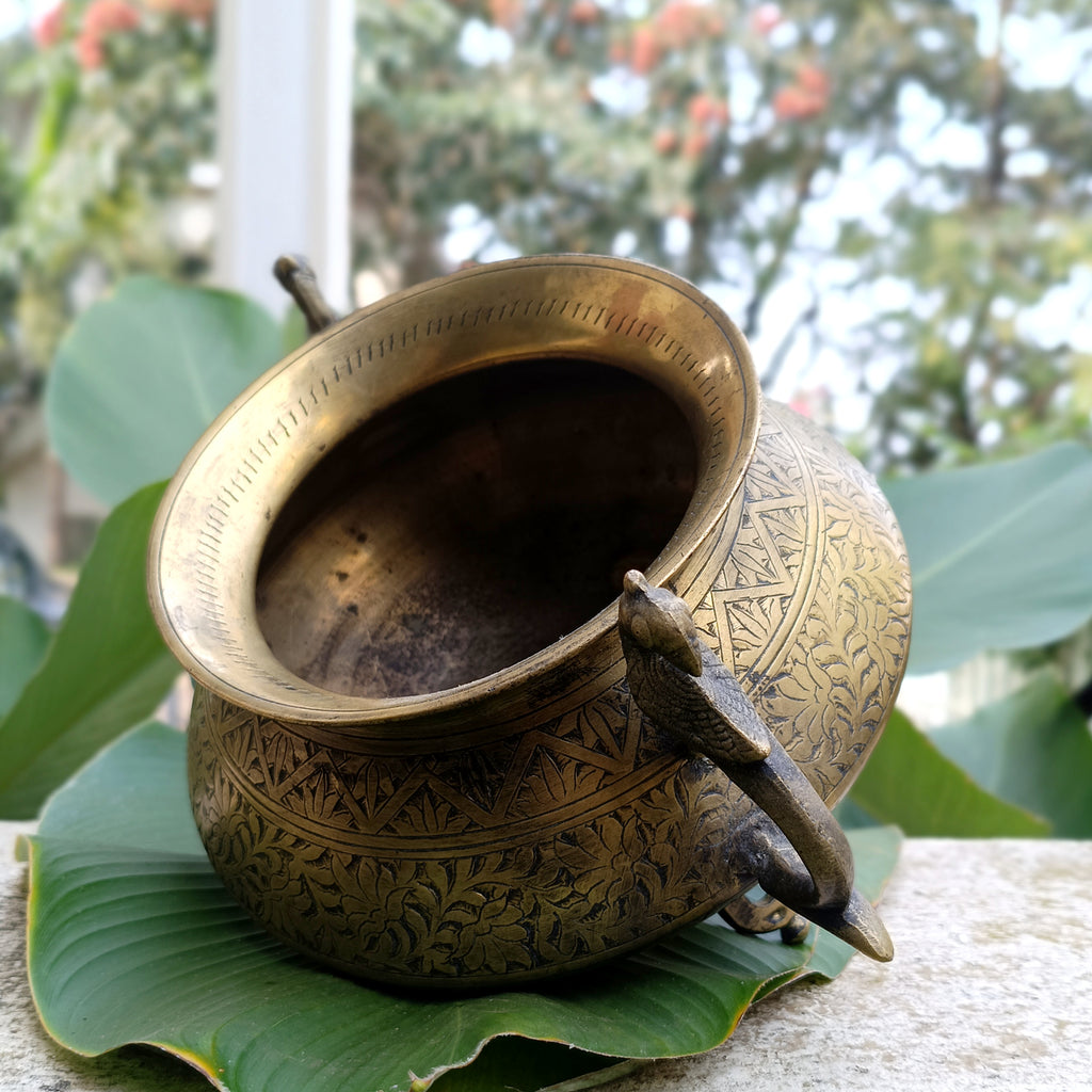 Vintage Brass Planter With Peacock Handles Hand Engraved With Floral Motifs. Height 19 cm x Diameter 18 cm