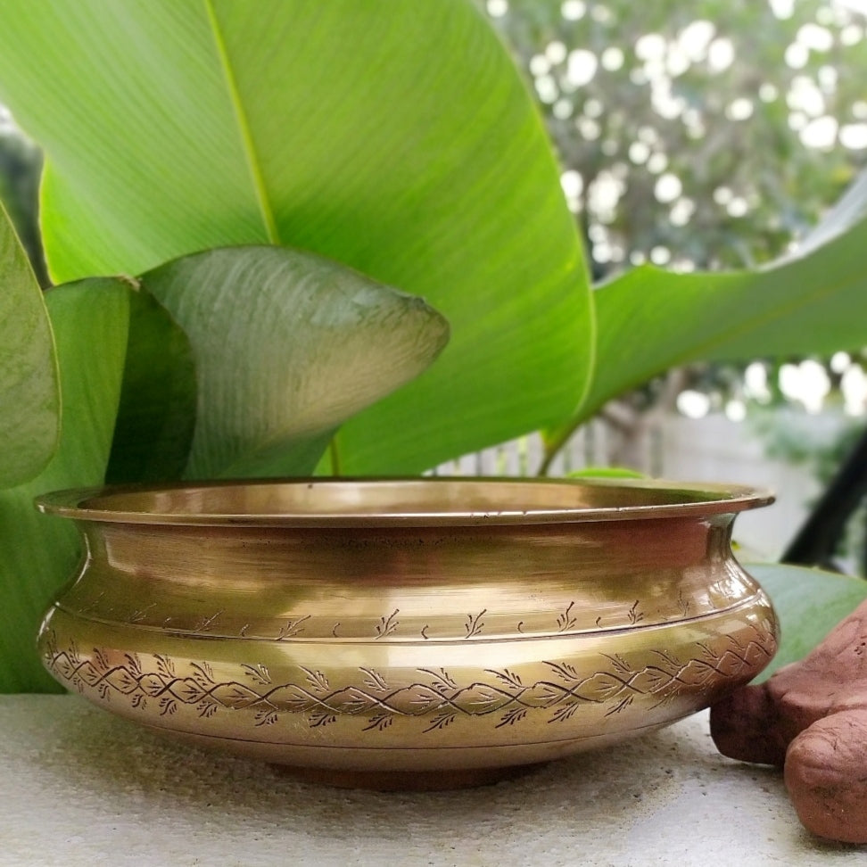 Captivating Brass Urli Hand Engraved With Flora & Fauna. Diameter 30 cm x Ht 11 cm