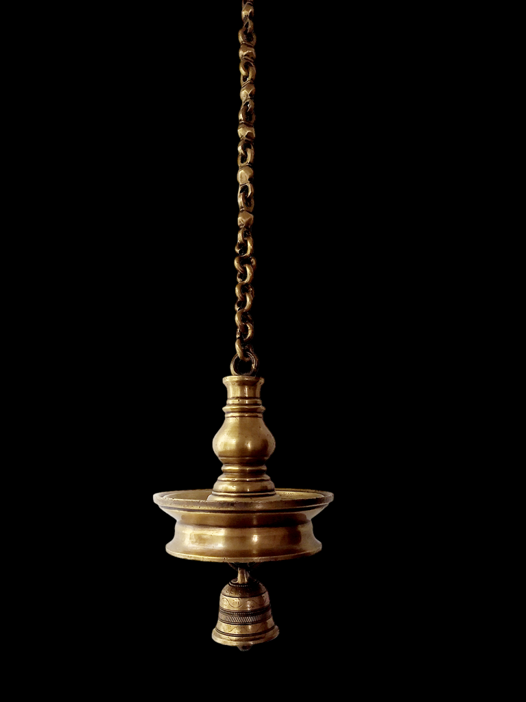 Vintage Brass Oil Lamp With Bell - "Thooku Vilakku" From South India. Length 76 cm x Diameter 16 cm