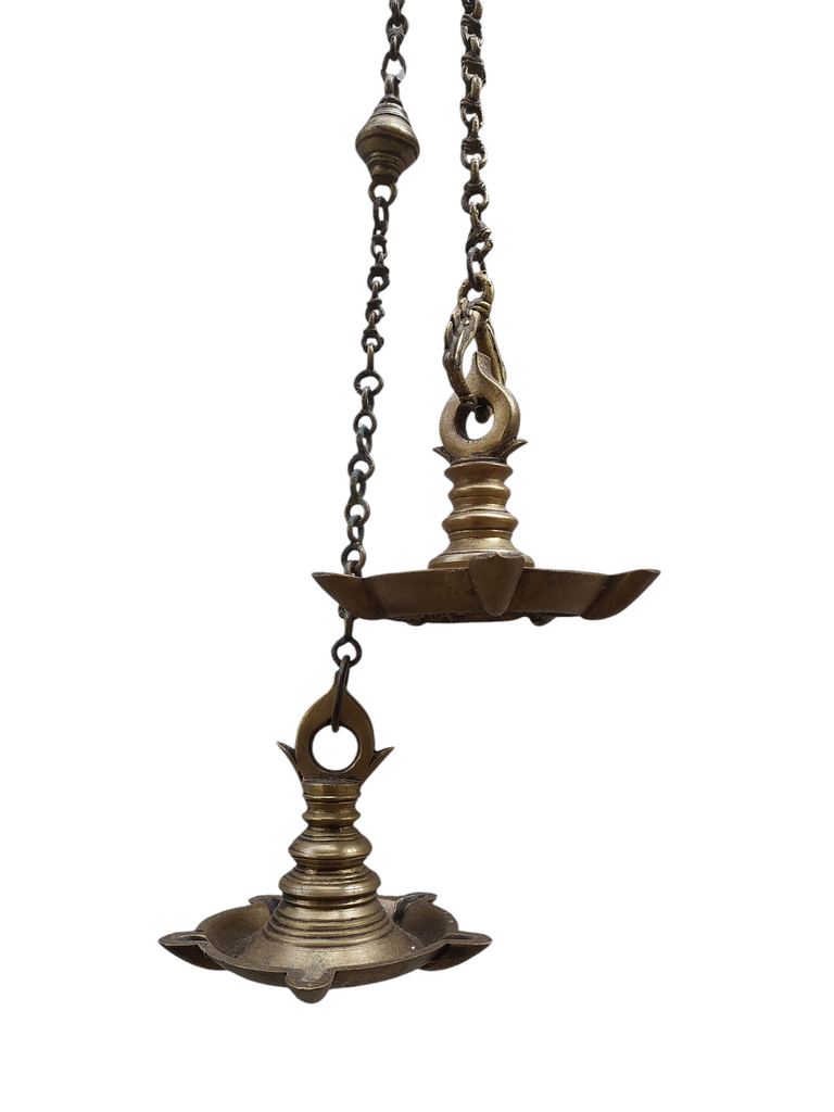 Vintage Pair Of Brass Oil & Wick Lamps With Ornate Chains. Length 99 cm & 85 cm x Diameter 12 cm