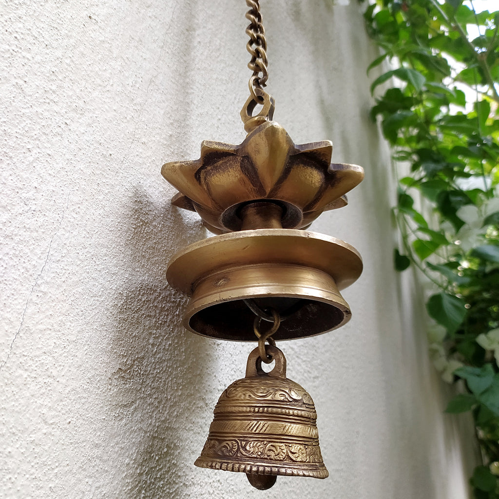 Vintage Brass Hanging Oil Lamp With Bell - "Thooku Vilakku" From South India. Length 91 cm x Diameter 10 cm