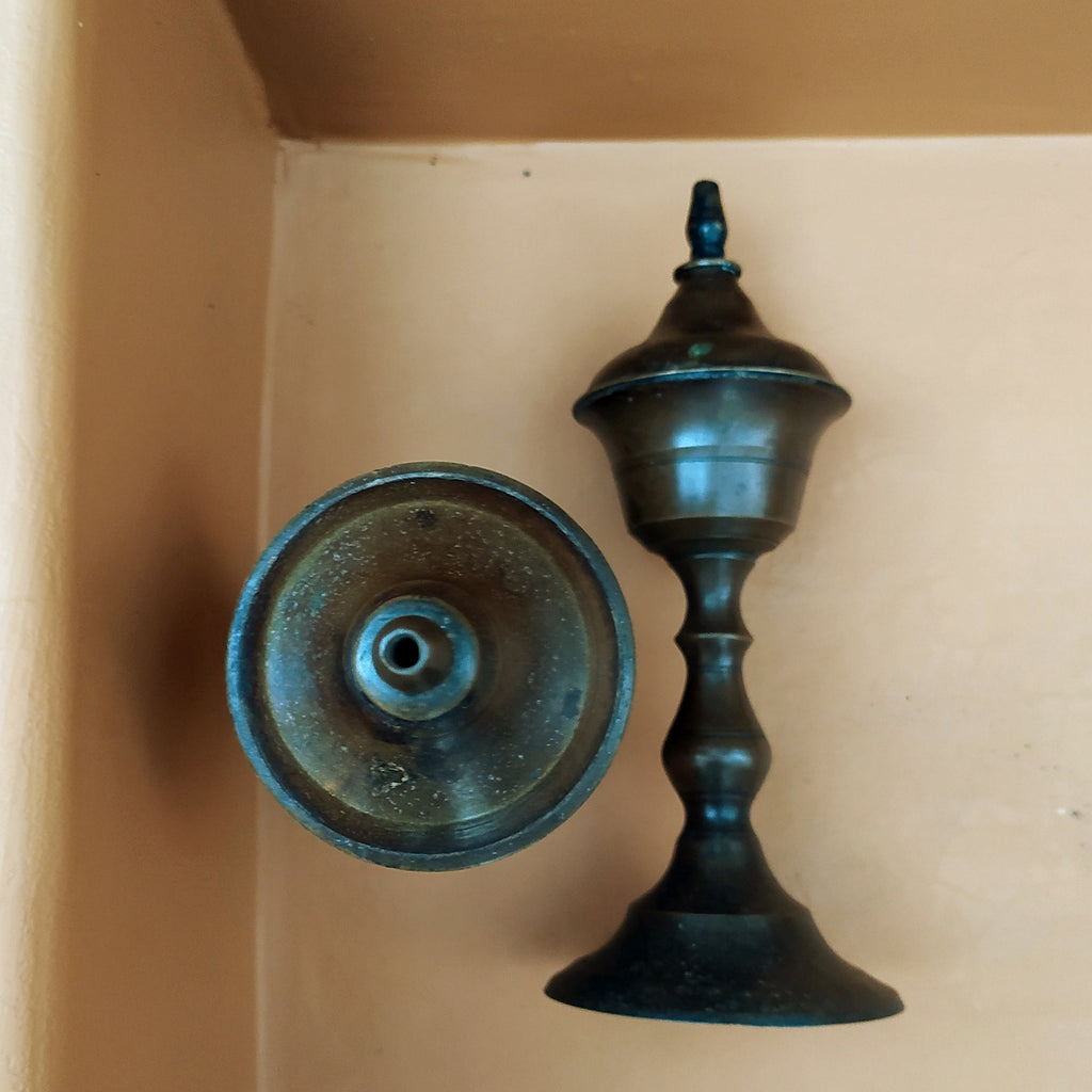 Vintage Pair Of Brass Oil & Wick Lamps. Height 24 cm x Diameter 8 cm