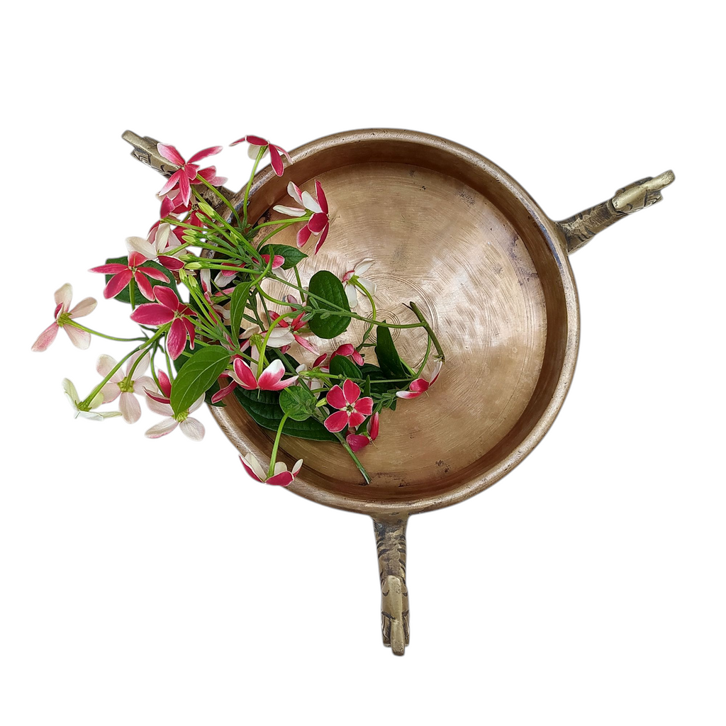 Traditional Brass Urli Handcrafted With 3 Mythical Yali Legs. Diameter 20 cm x Height 15 cm