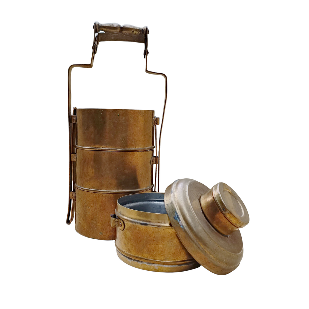 Vintage Brass Tiffin With 4 Containers. Height 42 cm x Diameter 14 cm