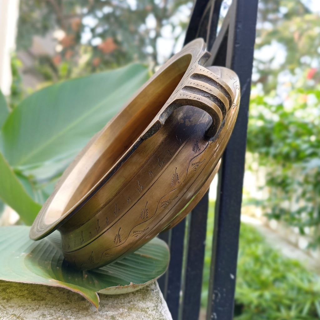 The Emperors Urli - Hand Engraved with A Majestic Camel And Mahout On Hunt. Diameter 25 cm x Ht 9 cm