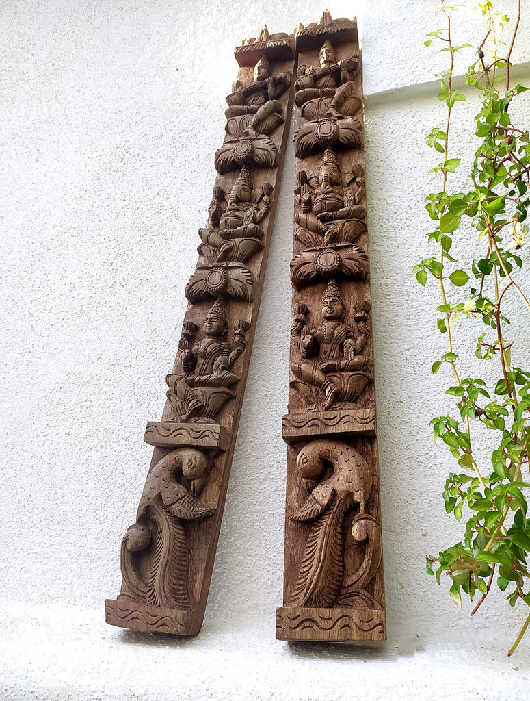 Hand Carved Wooden Panels Of Hindu Deities Lakshmi, Ganesha & Saraswati. Height 90 cm x Width 11 cm