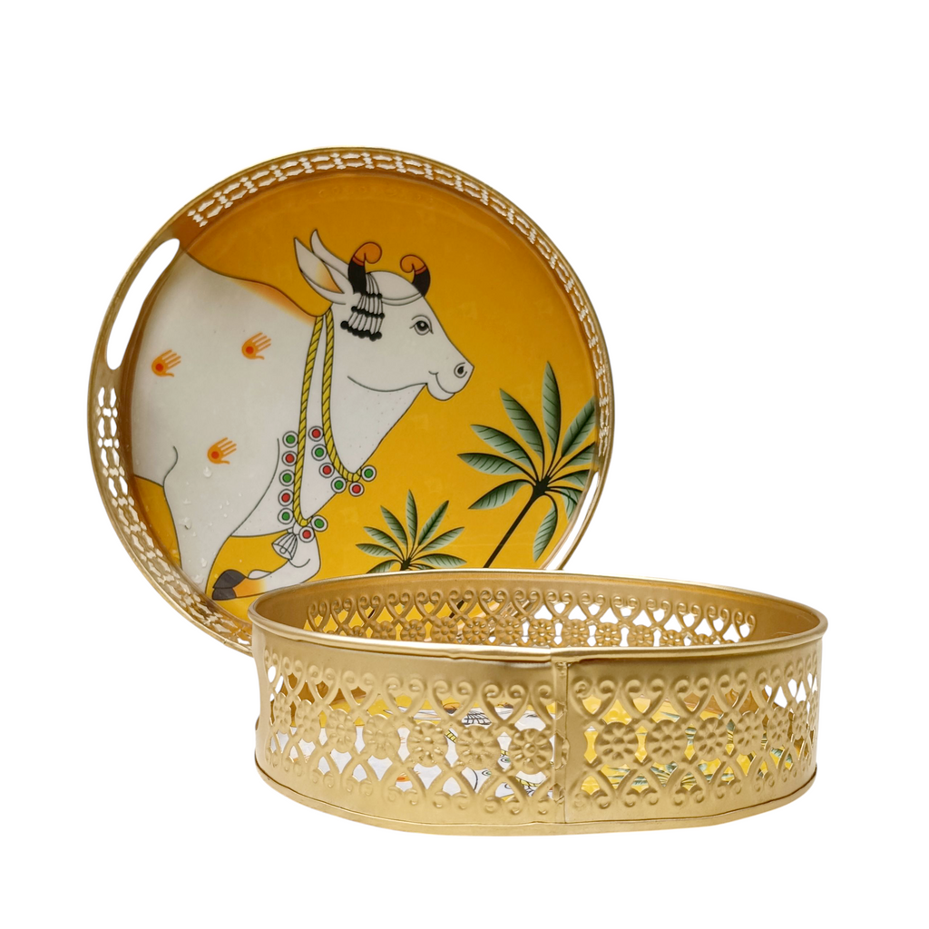 Pair Of Exquisite Round Metal Trays With Pichwai Art Of Nandi. Diameter 25 & 20 cm