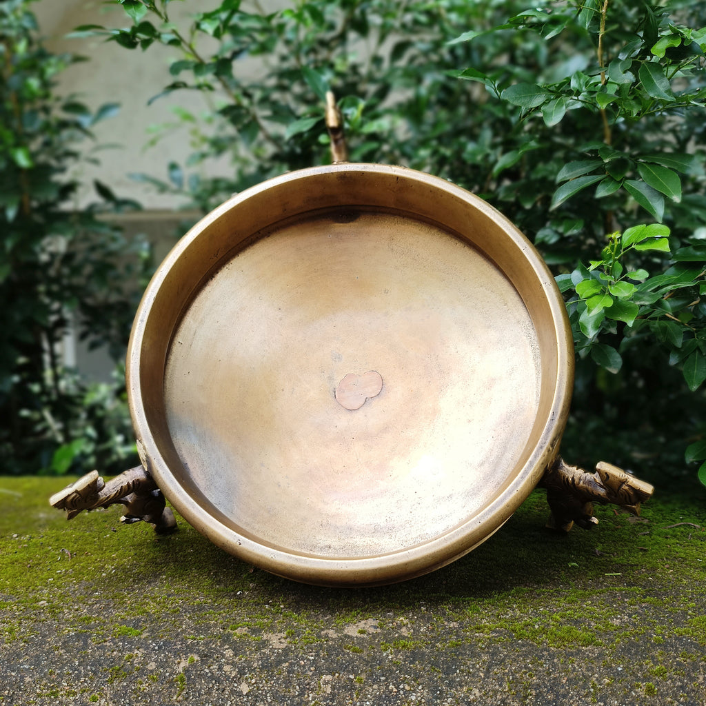 Traditional Brass Urli Handcrafted With 3 Mythical Yali Legs. Diameter 28 cm x Height 15 cm