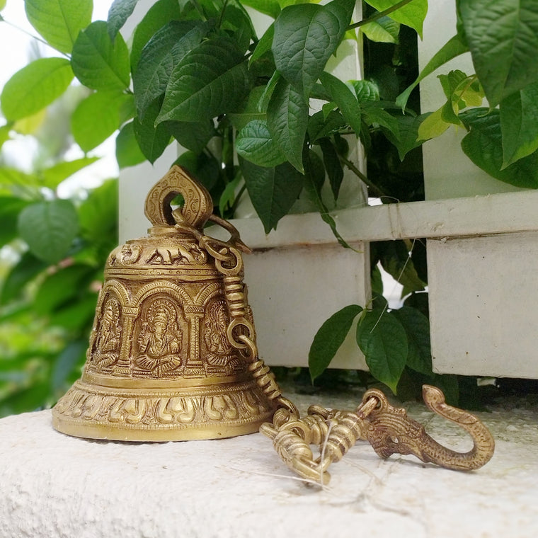 Magnificent Brass Temple Bell On A Chain With 8 Figures of Lord Ganesha & Majestic Elephants. Length 78 cm x Diameter 16 cm