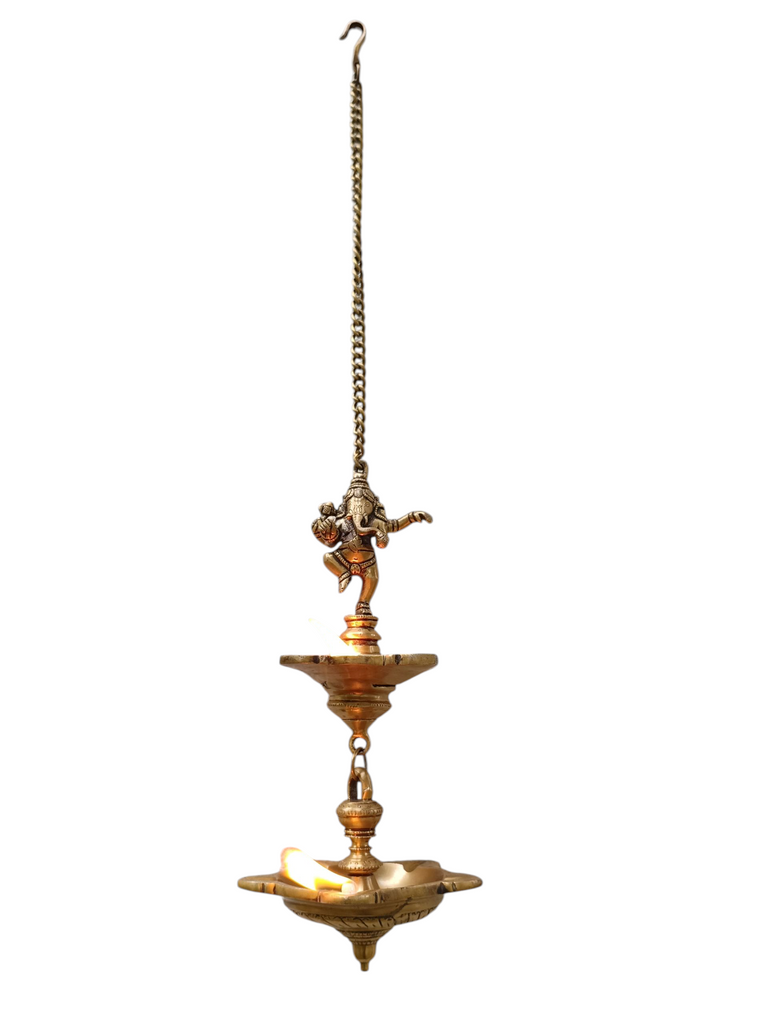 Vintage Brass 2 Tier Ganesh Lamp With 9 Diyas- Length 77 cm
