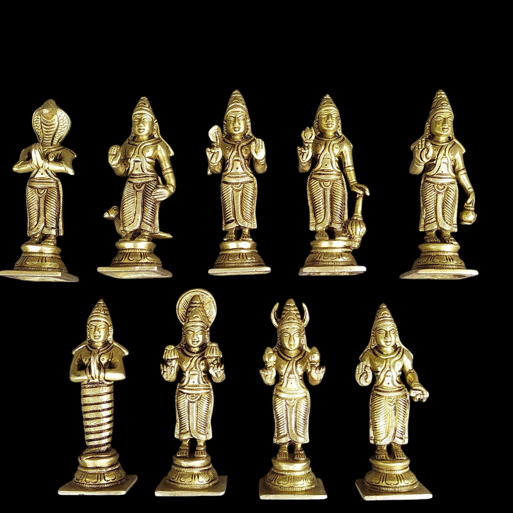 Divine collection of 9 Navagraha brass idols - Celestial bodies Affecting Human Life. Height 13.5 cm