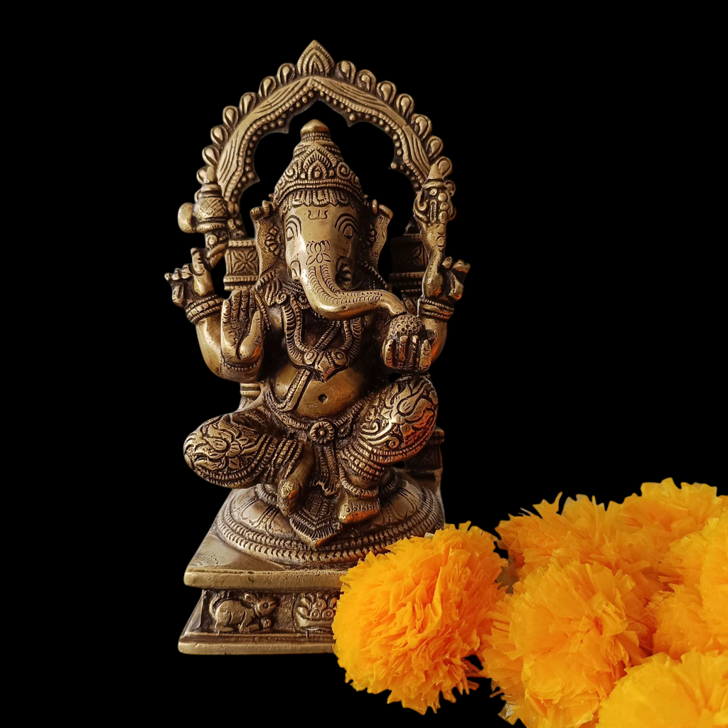 Divine Idol Of Lord Ganesha With Prabhavali - Height 22.5 cm x Width 12 cm x Depth 10 cm