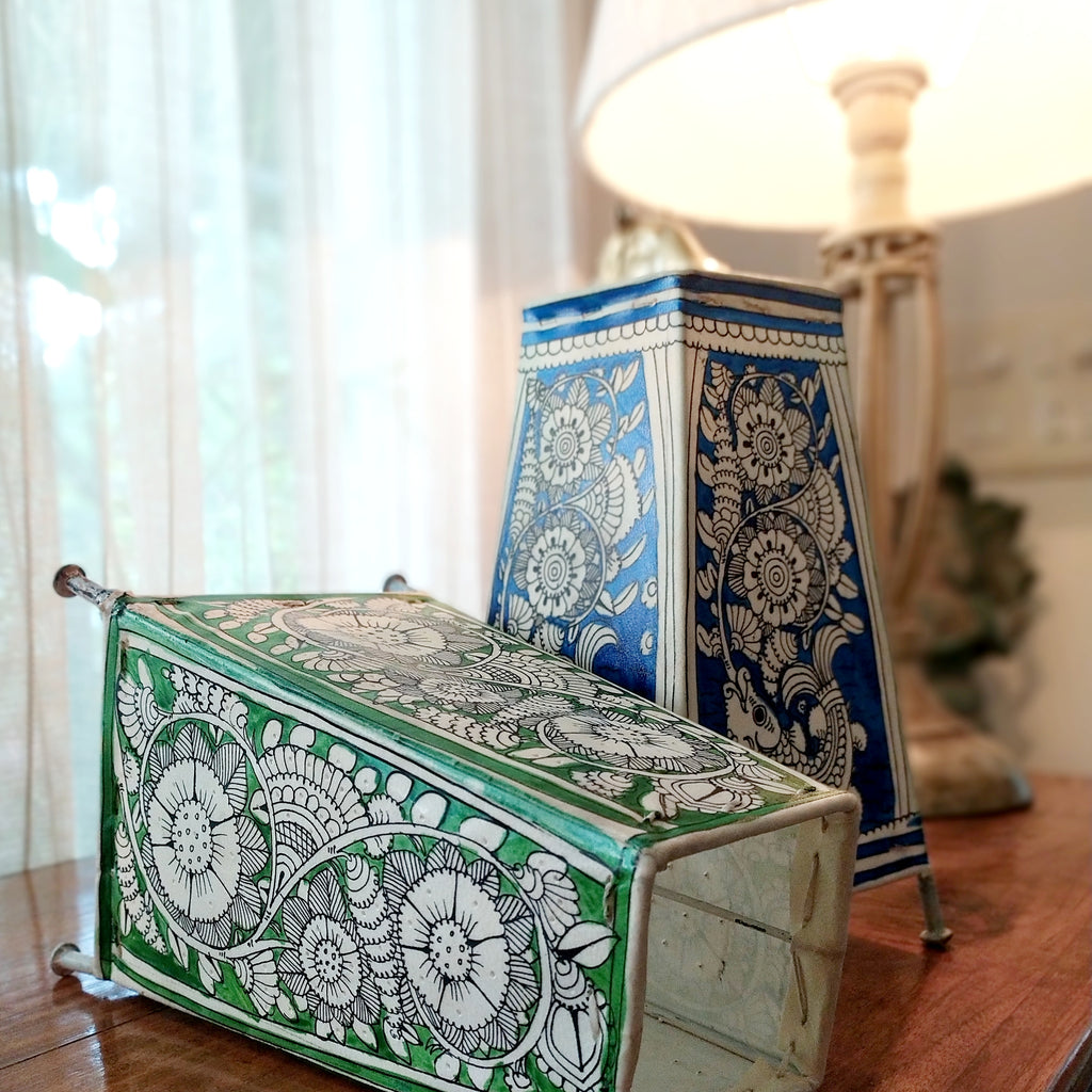 Pair Of Kalamkari Style Leather Lamps In Colours of Vibrant Green & Indigo Blue. Height 24 cm