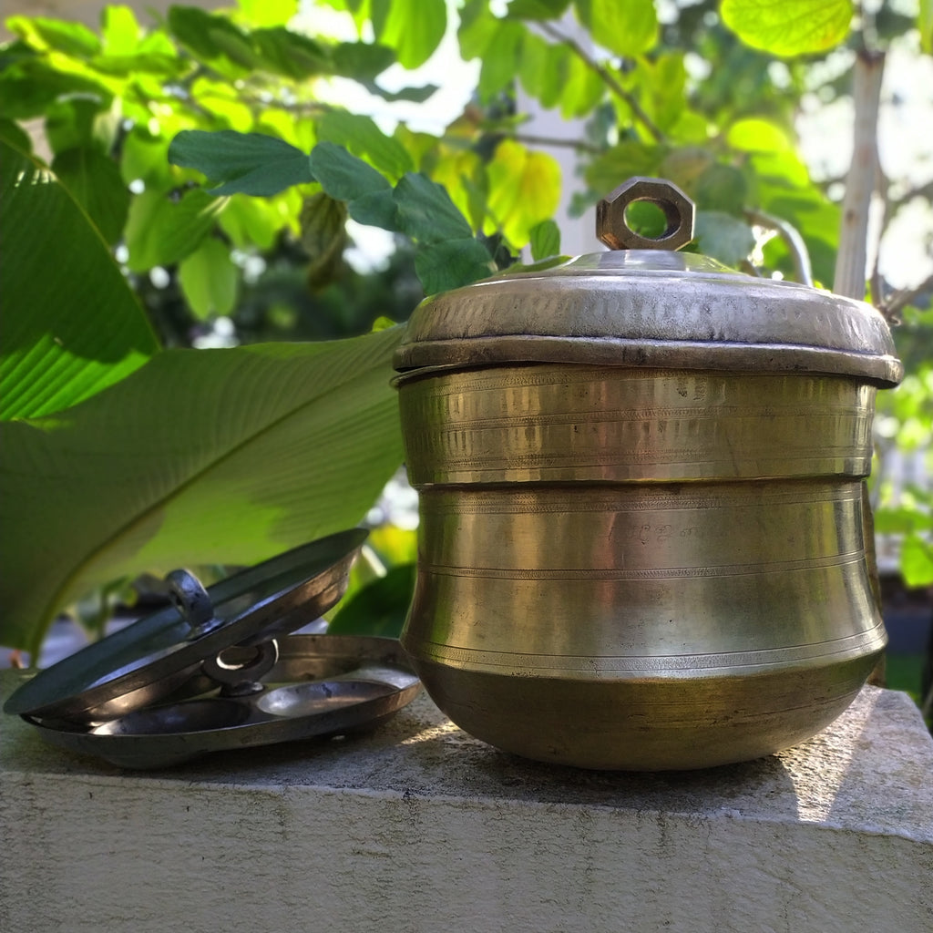 Vintage Idli Steamer | Patra Handcrafted In Brass With 2 Inserts, Height 30 cm x Diameter 25 cm