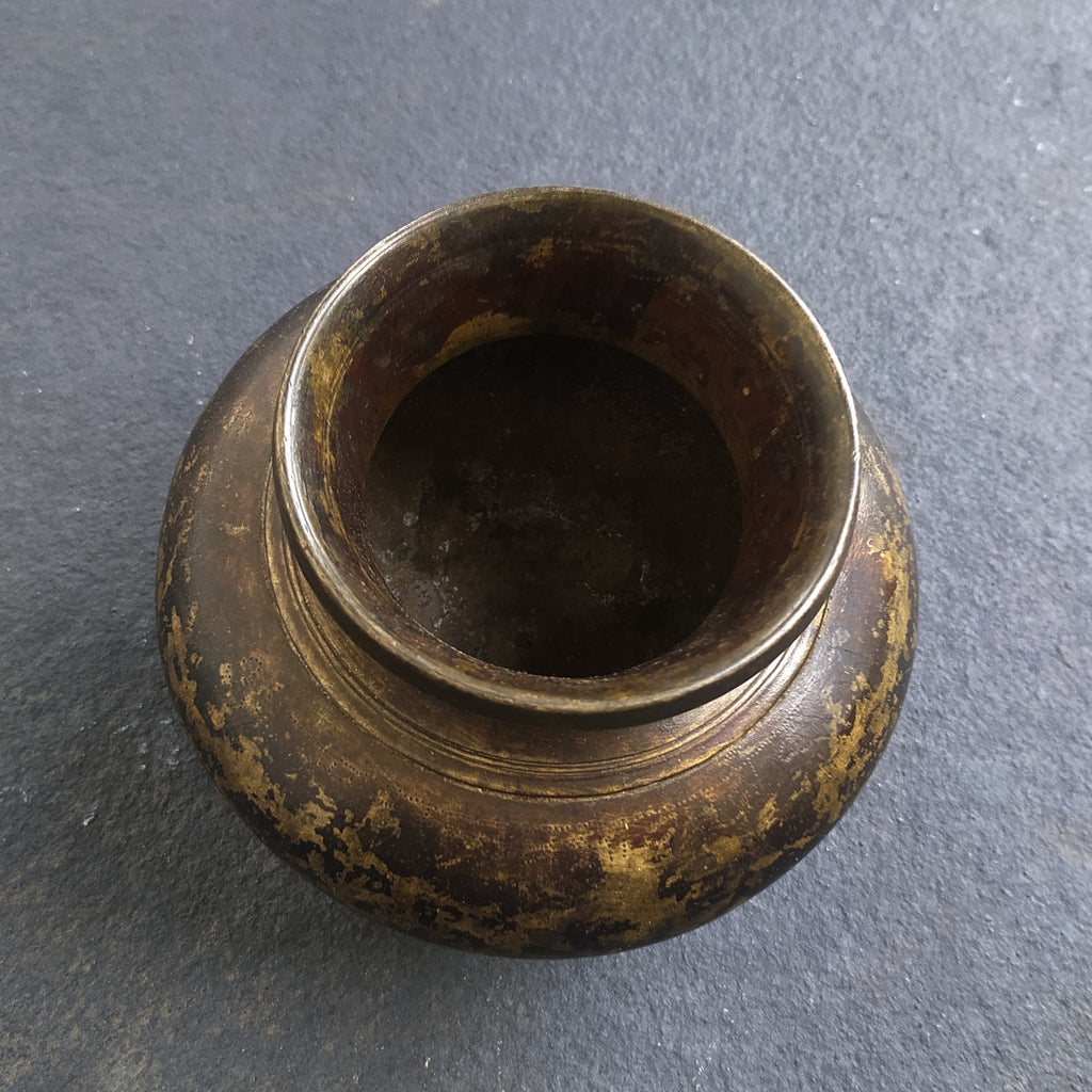 Brass Lota, Drinking Water Vessel In Dark Brown Patina. Ht 13 cm x Dia 8 cm