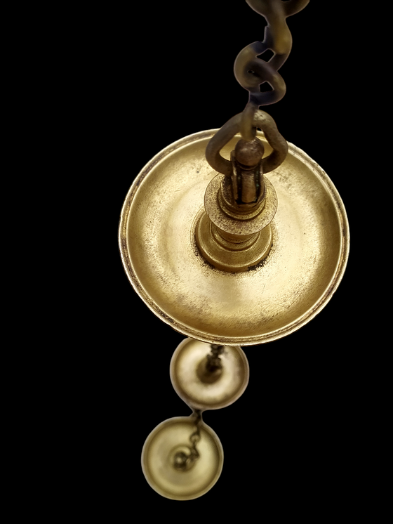 Vintage 3 Tier Hanging Brass Oil Lamp From South India, Length 130 cm x Diameter 9.5 cm