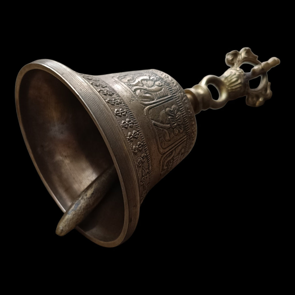 Vintage Buddhist Brass Bell For Meditation With Sound Of Om & Vajra Dorje - Ht 17 cm x Dia 9.5 cm