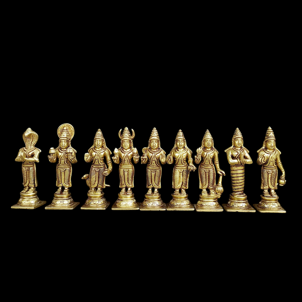 Divine collection of 9 Navagraha brass idols - Celestial bodies Affecting Human Life. Height 13.5 cm