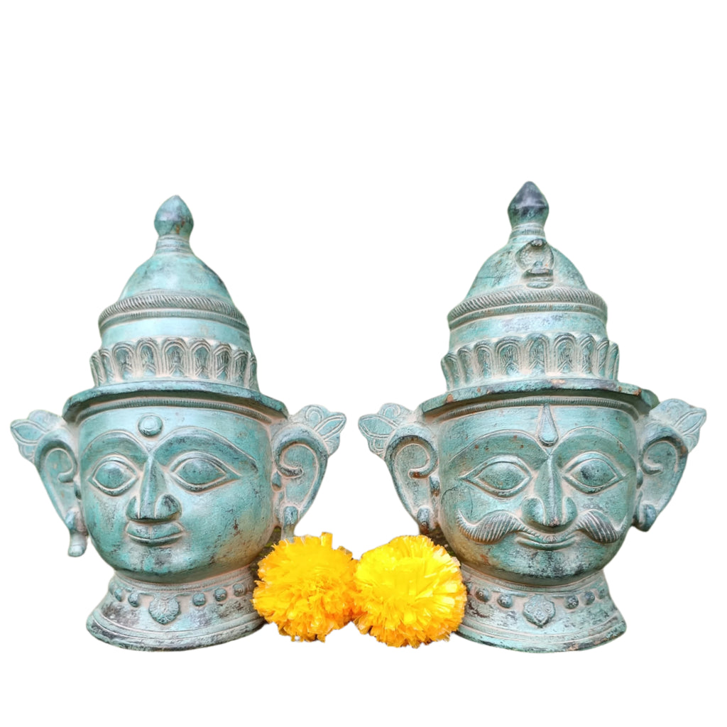 Brass Mukhlingam of Hindu Gods Shiva & Parvati In Green Patina. Height 23 cm x Width 18.5 cm