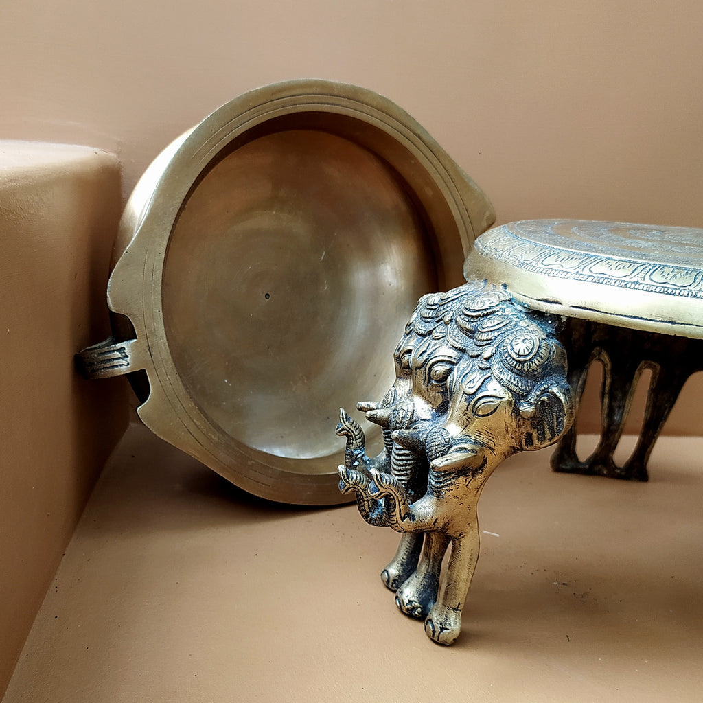 Brass Chowki With Elephant Legs & Brass Urli - Chowki Diameter 23 cm | Urli 25 cm