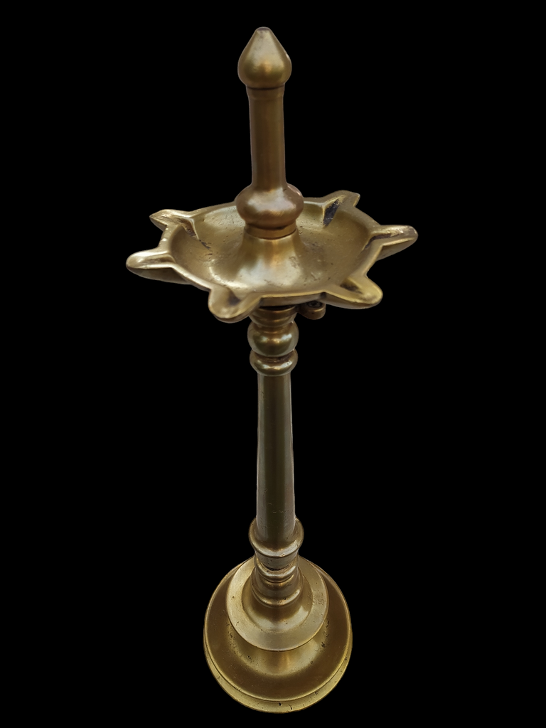 Traditional Brass Oil Lamp | Vilakku With 7 Grooves & Chain. Height 52 cm x Diameter 14 cm