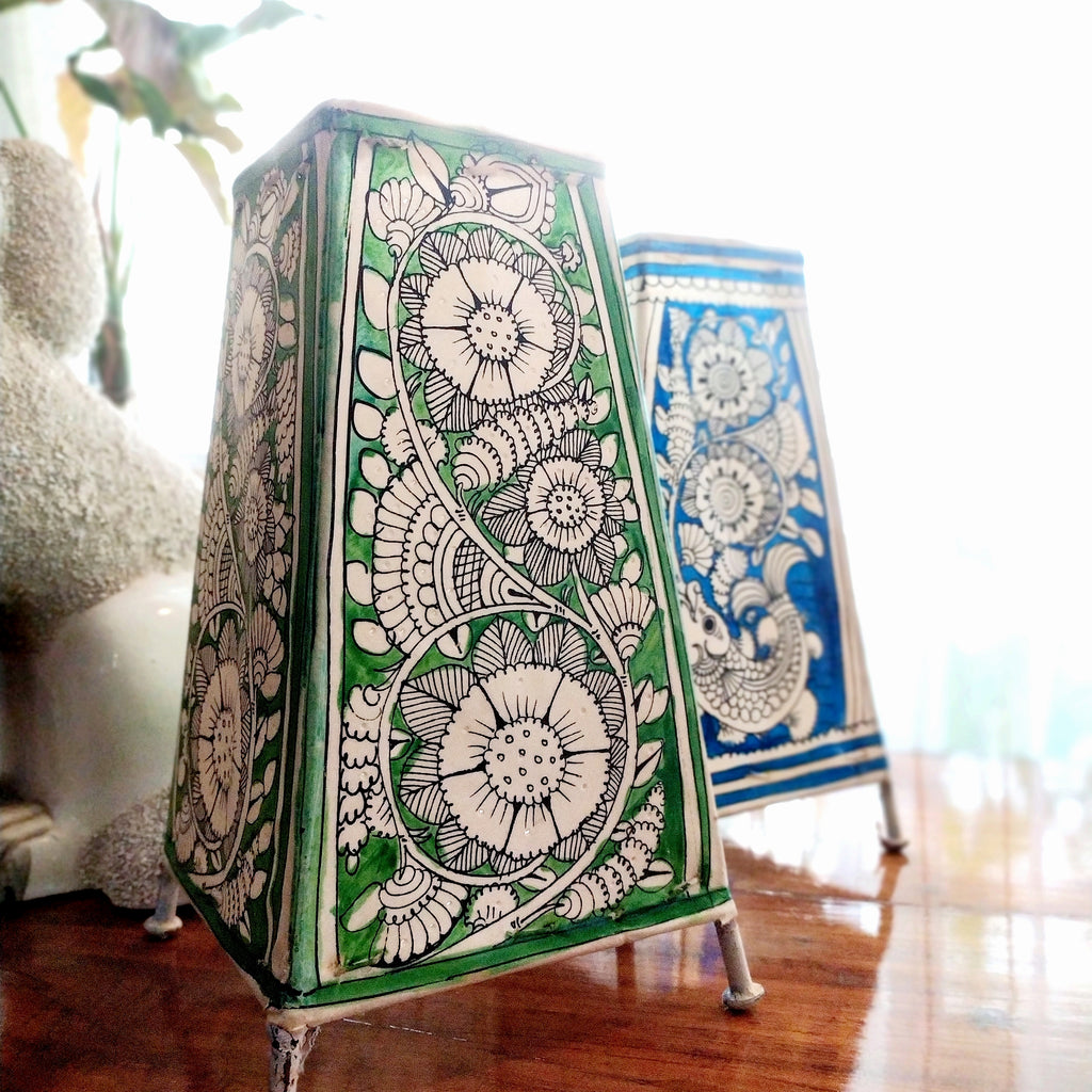 Pair Of Kalamkari Style Leather Lamps In Colours of Vibrant Green & Indigo Blue. Height 24 cm