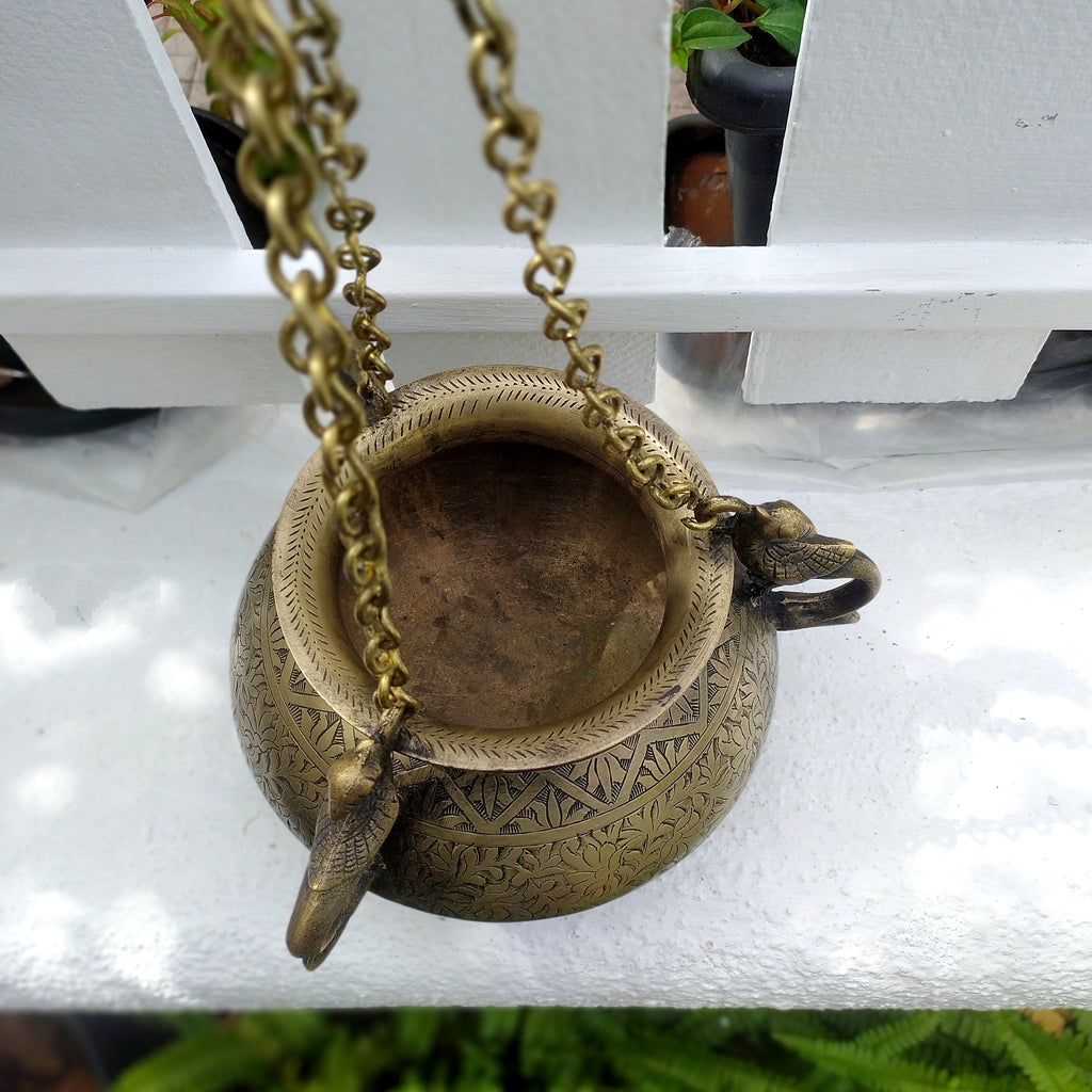 Vintage Hanging Brass Planter With 3 Peacock Handles. Length With Chain 89 cm x Diameter 16 cm