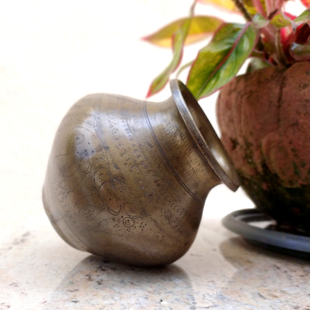 Vintage Brass Lota - Drinking Water Vessel Engraved With Elephants. Height 14 cm x Diameter 10 cm