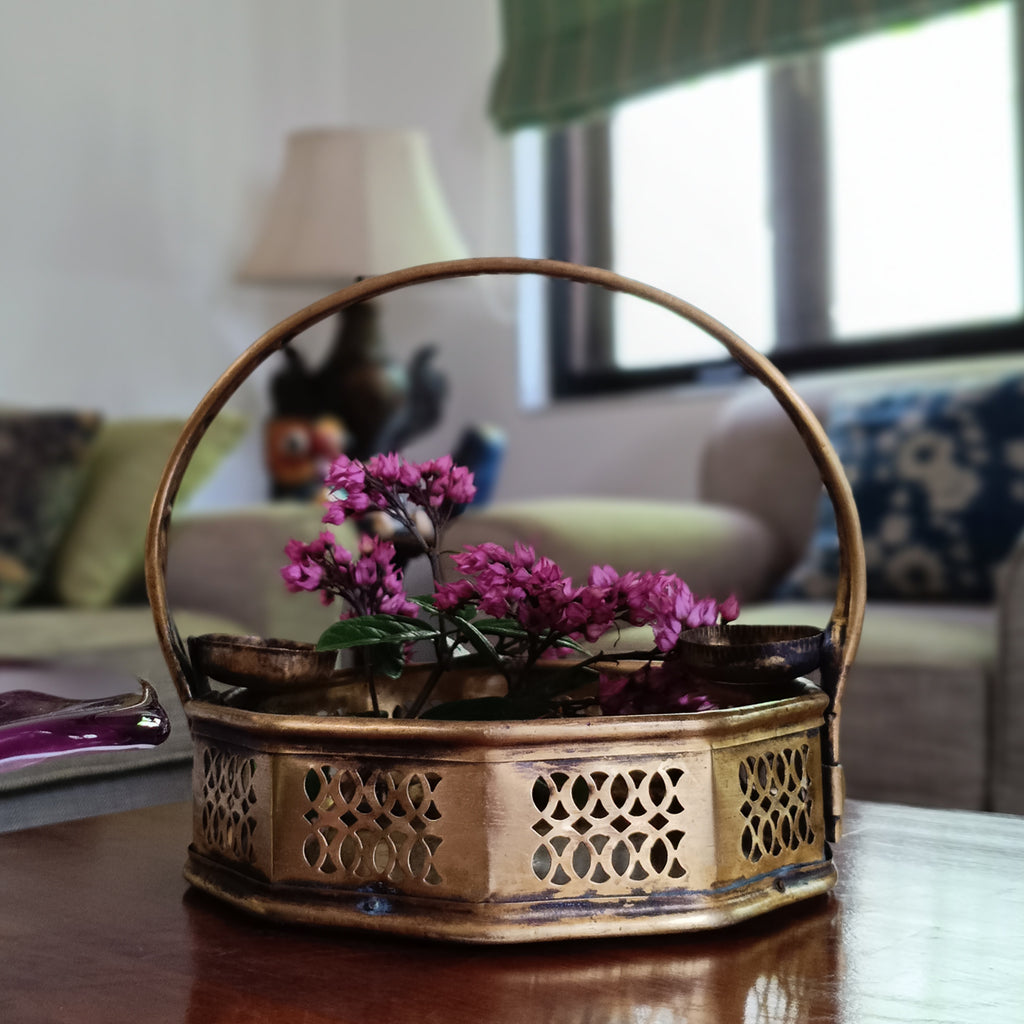Poola Sajja - Traditional Vintage Brass Flower Basket - Length 22 cm x W 22 cm x Ht 22 cm