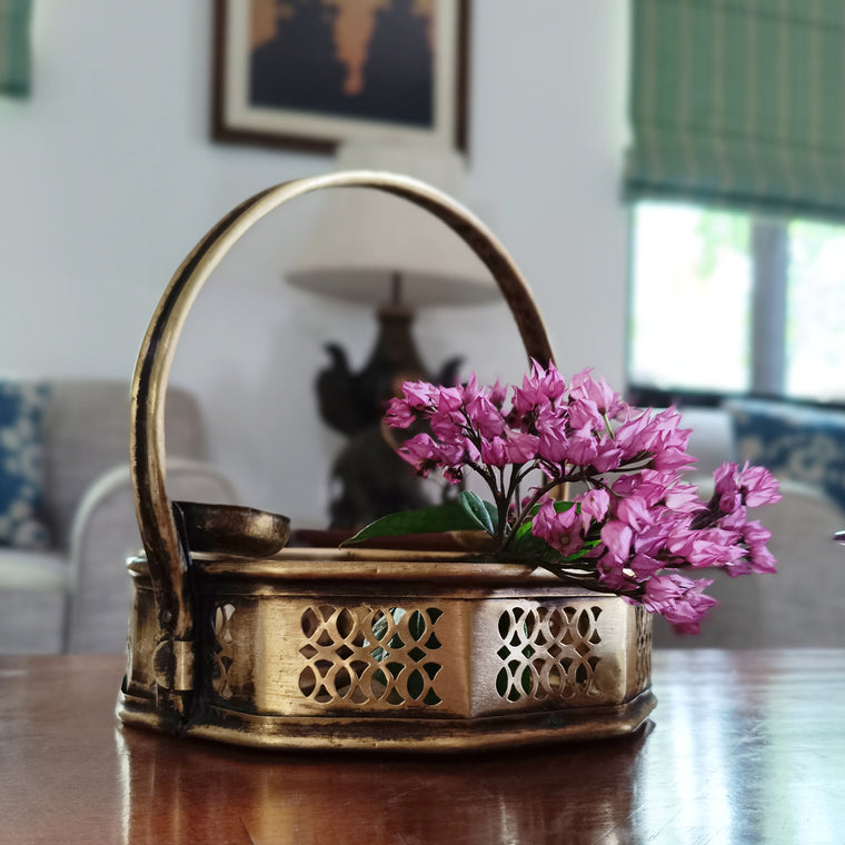 Poola Sajja - Traditional Vintage Brass Flower Basket - Length 22 cm x W 22 cm x Ht 22 cm