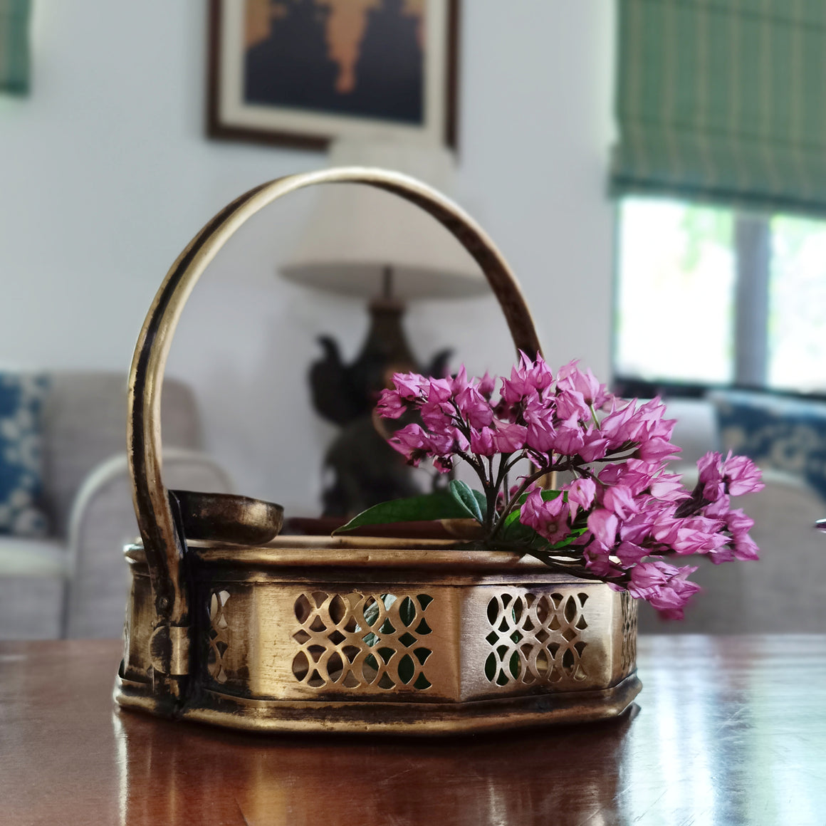 Poola Sajja - Traditional Vintage Brass Flower Basket - Length 22 cm x W 22 cm x Ht 22 cm