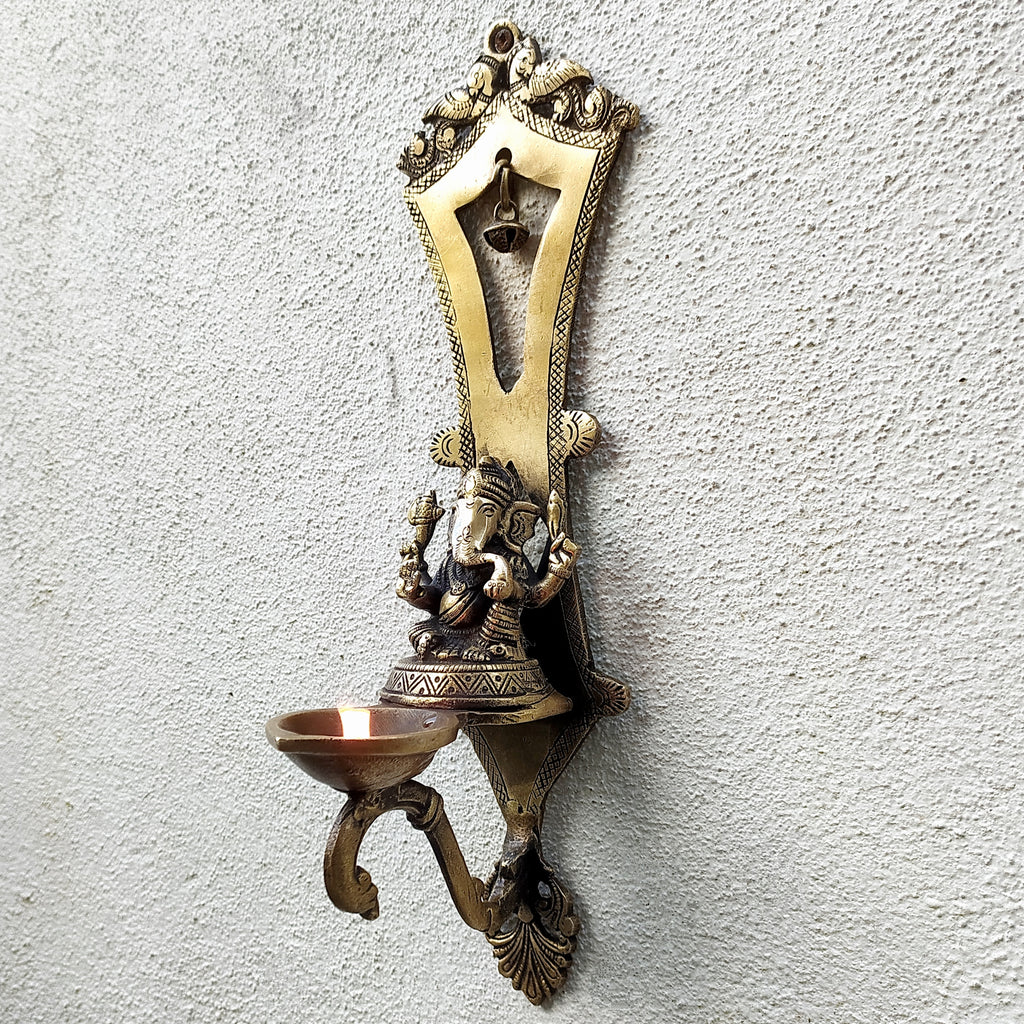 Ornate Brass Wall Hanging Diya With Ganesha - God Of Wisdom. Ht 32 cm x W 9.5 cm