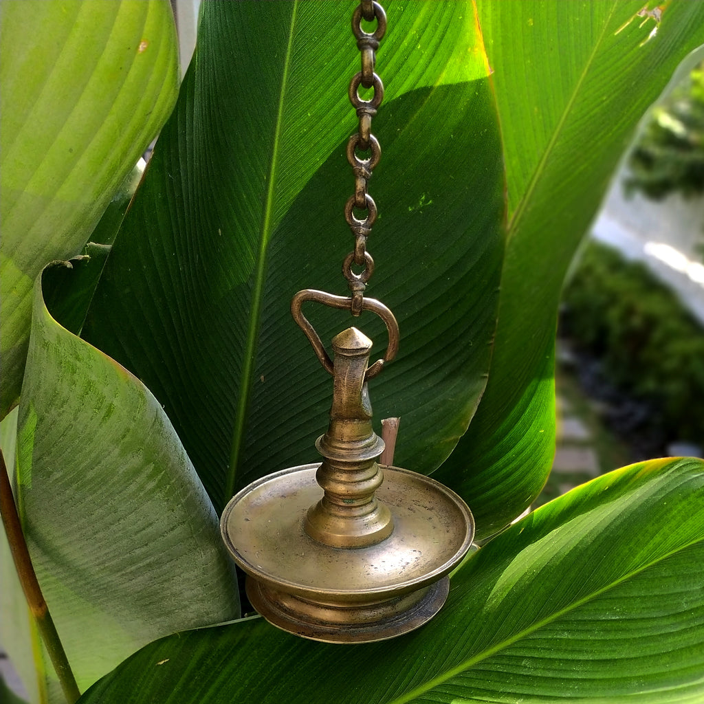 Traditional Brass Oil Lamp - "Thooku Vilakku" From South India. Length 86 cm x Diameter 14 cm