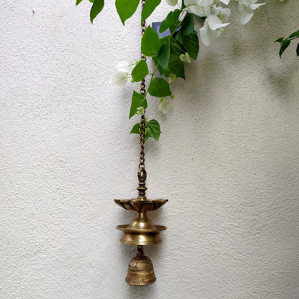Vintage Brass Hanging Oil Lamp With Bell - "Thooku Vilakku" From South India. Length 91 cm x Diameter 10 cm