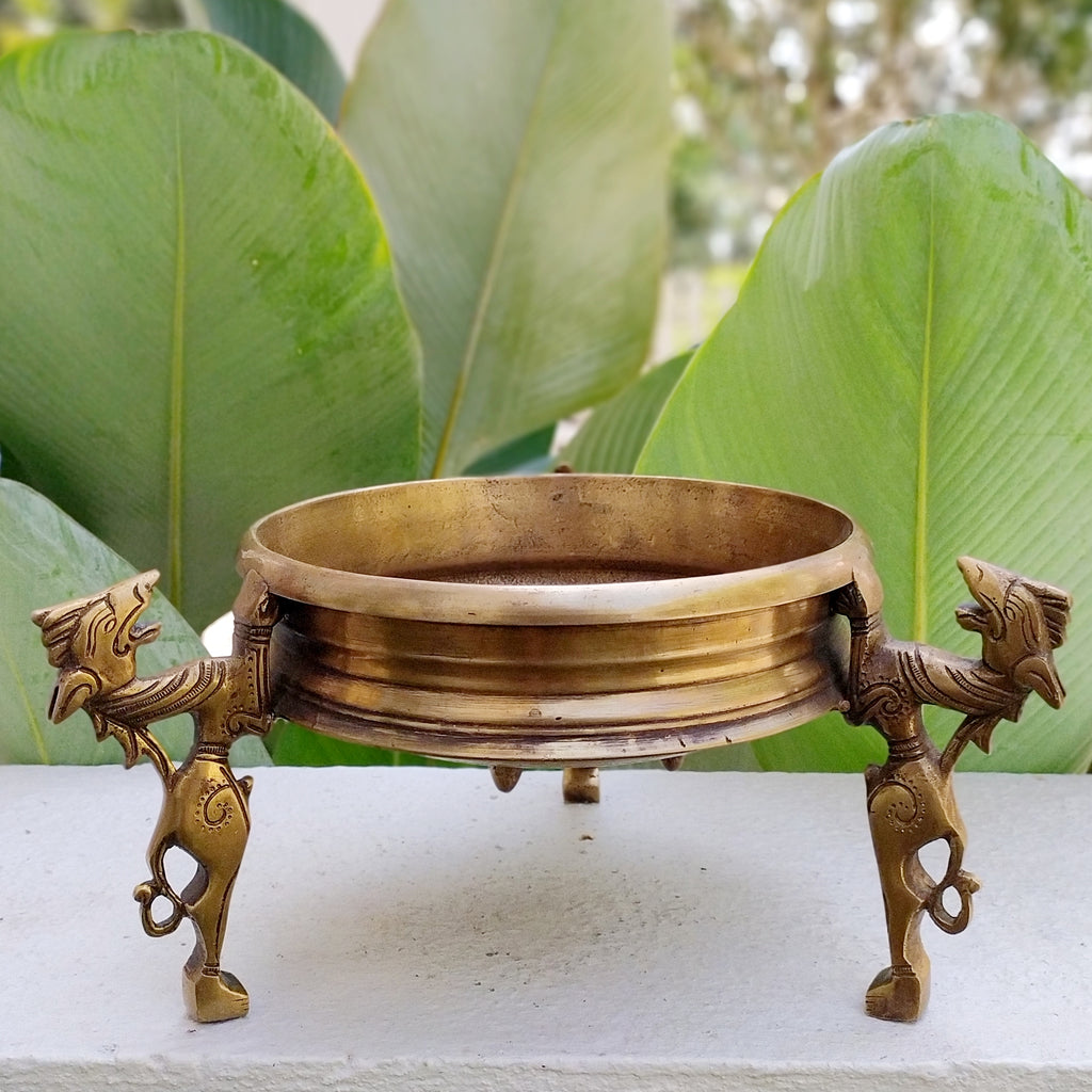 Traditional Brass Urli Handcrafted With 3 Mythical Yali Legs. Diameter 22 cm x Height 16 cm
