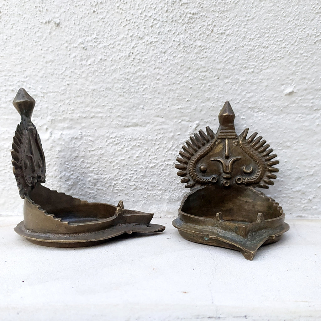 Traditional Pair of Brass Vishnu Oil Lamps from South India. Height 10 x Width 9 cm