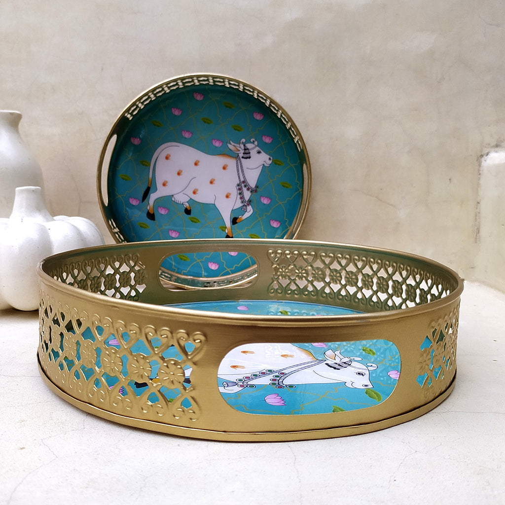 Pair Of Exquisite Round Metal Trays With Pichwai Art Of Nandi. Diameter 25 & 20 cm