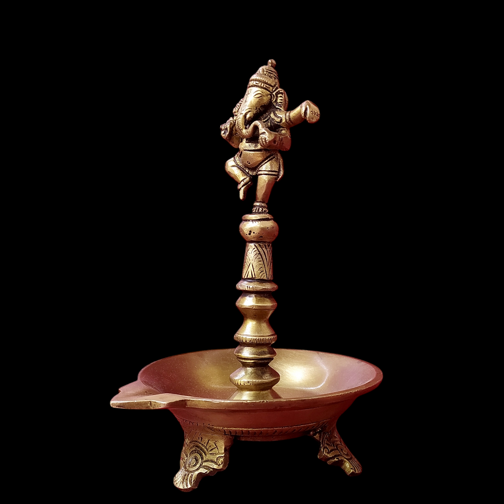 Majestic Brass Oil Lamp With Dancing Ganesha - Height 22 cm x Diameter 13