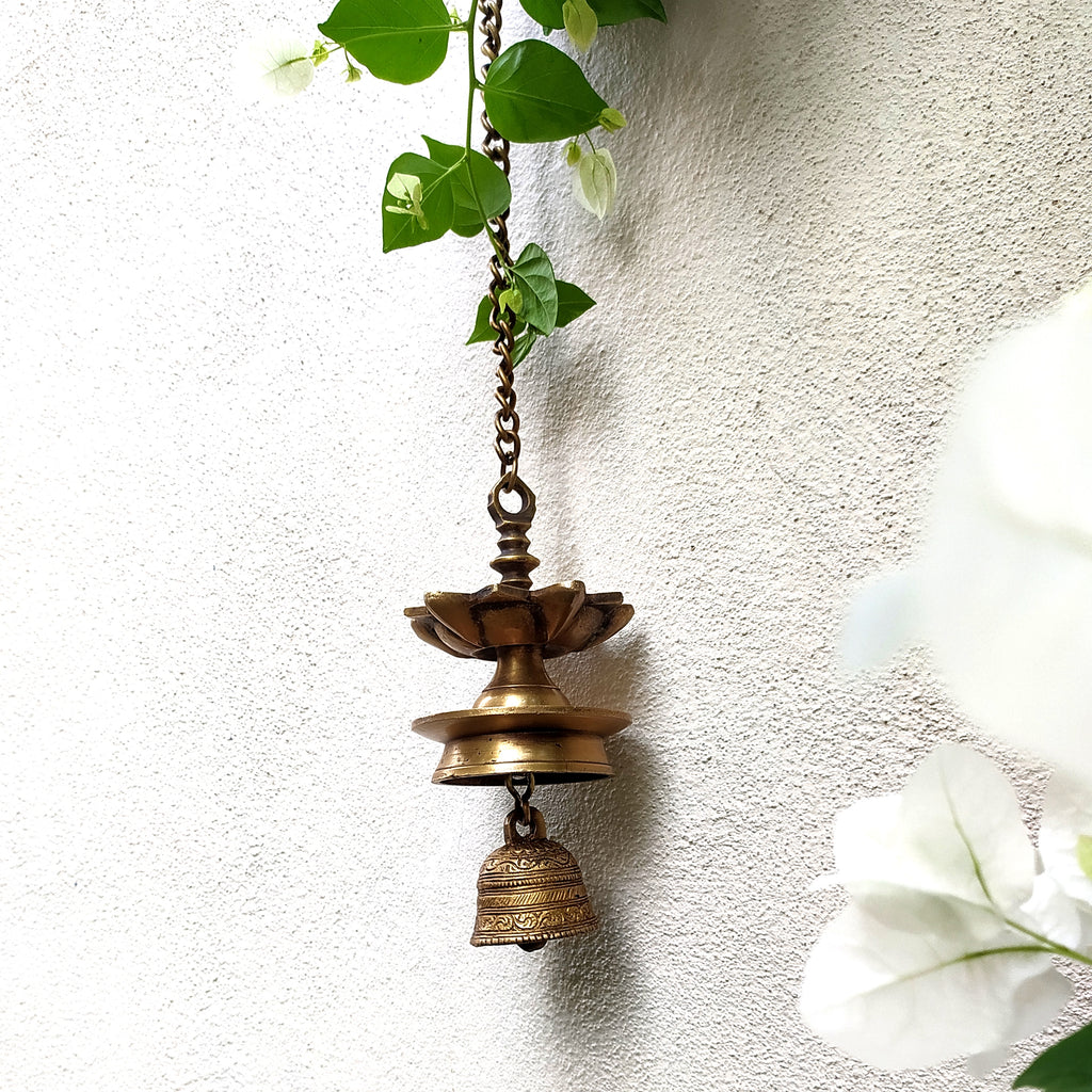 Vintage Brass Hanging Oil Lamp With Bell - "Thooku Vilakku" From South India. Length 91 cm x Diameter 10 cm