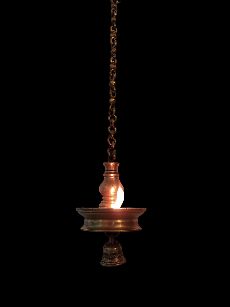 Vintage Brass Oil Lamp With Bell - "Thooku Vilakku" From South India. Length 76 cm x Diameter 16 cm