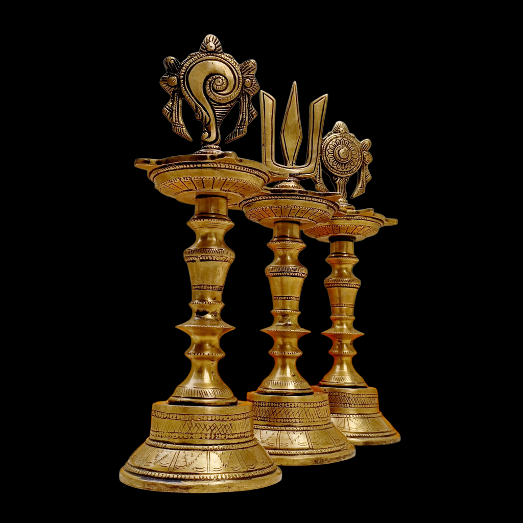 Divine Brass Samay Oil lamps With The Shanku, Chakra & Namam Symbols Of Lord Vishnu. Height 30 cm