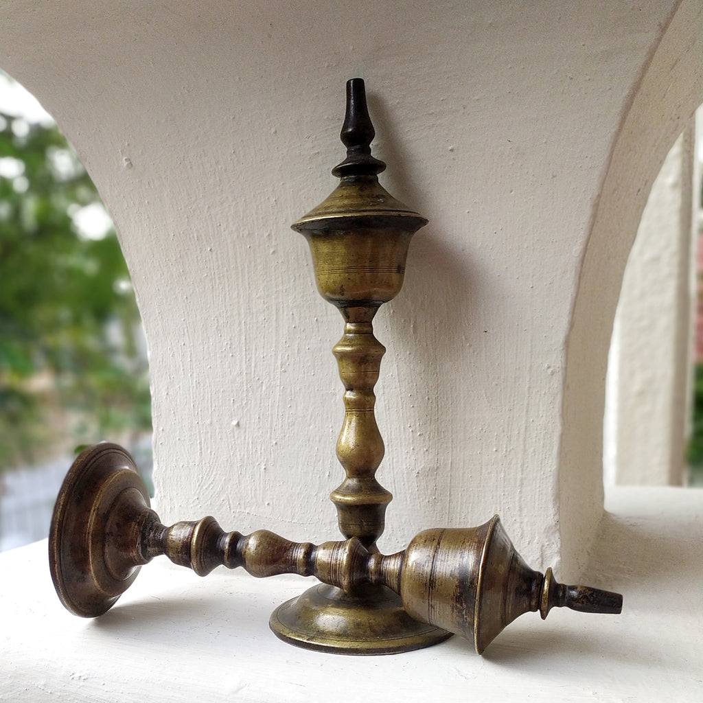 Vintage Pair Of Brass Oil & Wick Lamps. Height 24 cm x Diameter 9 cm