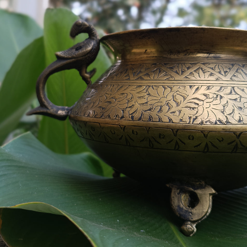 Vintage Brass Planter With Peacock Handles Hand Engraved With Floral Motifs. Height 19 cm x Diameter 18 cm