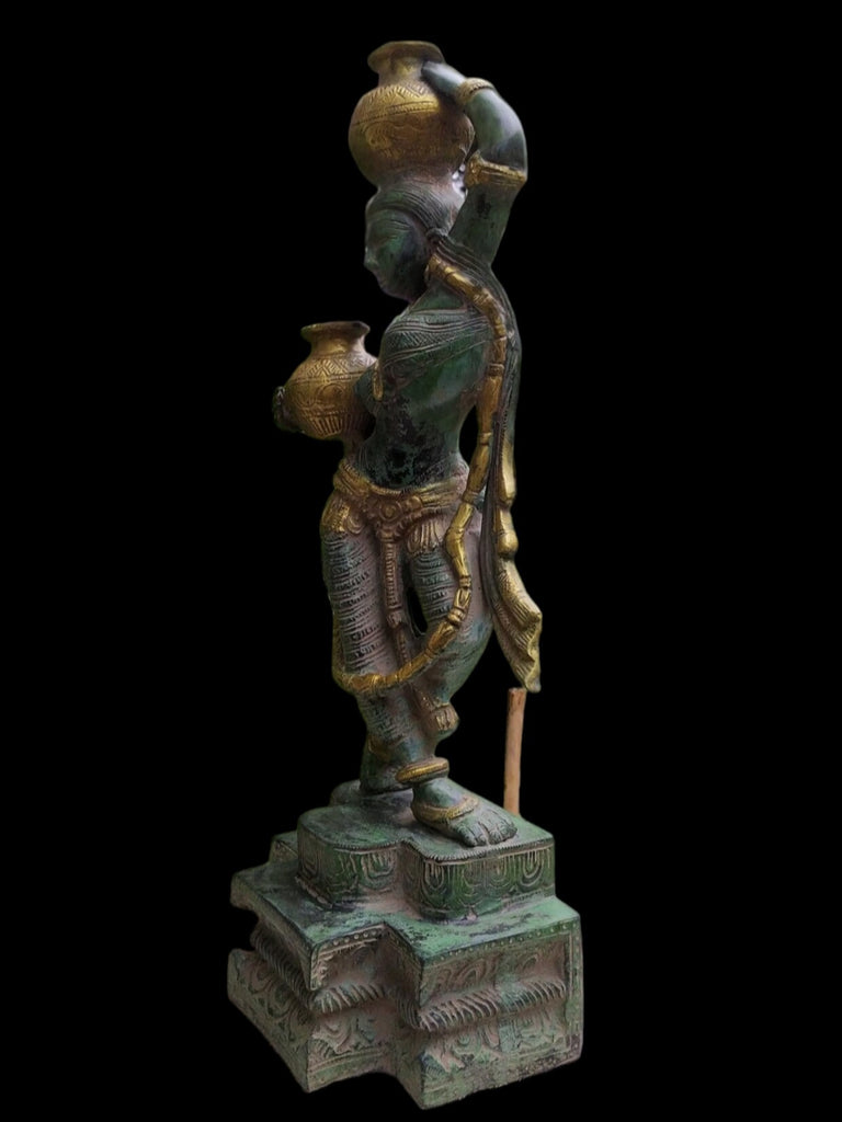 Village Woman Carrying Water Pots Handcrafted In Brass With A  Green & Gold Patina. Height 38 cm