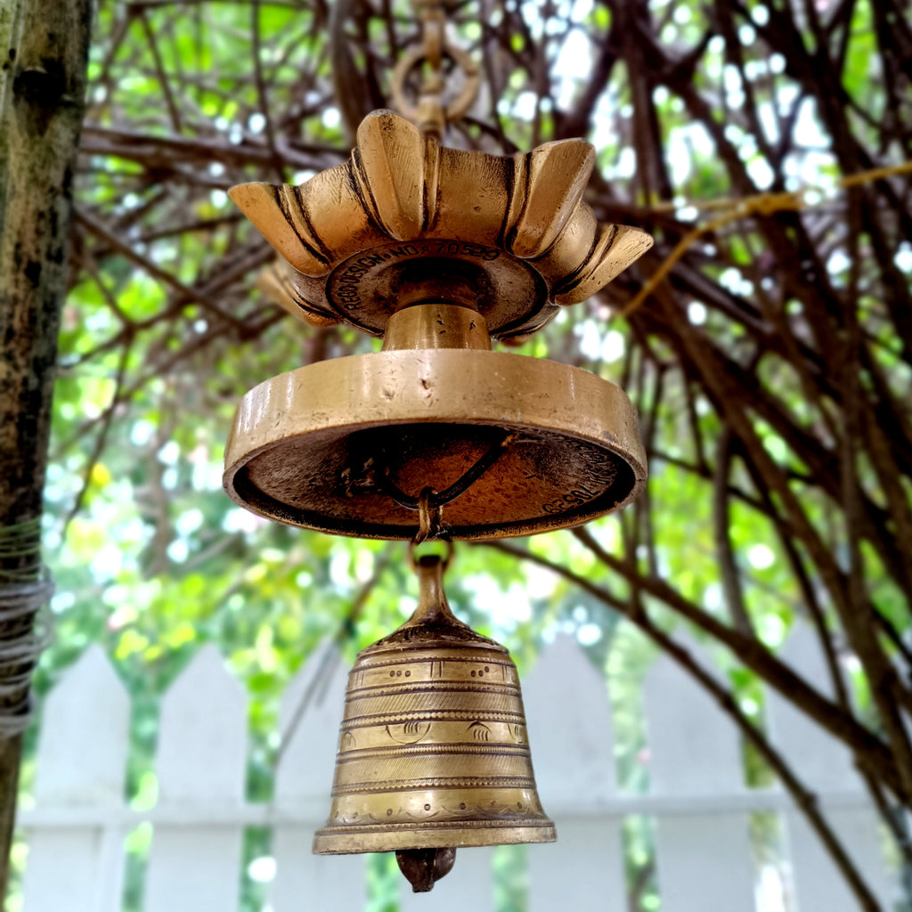 Vintage Brass Lamp With Bell - "Thooku Vilakku" From South India. Length 78 cm x Diameter 13 cm